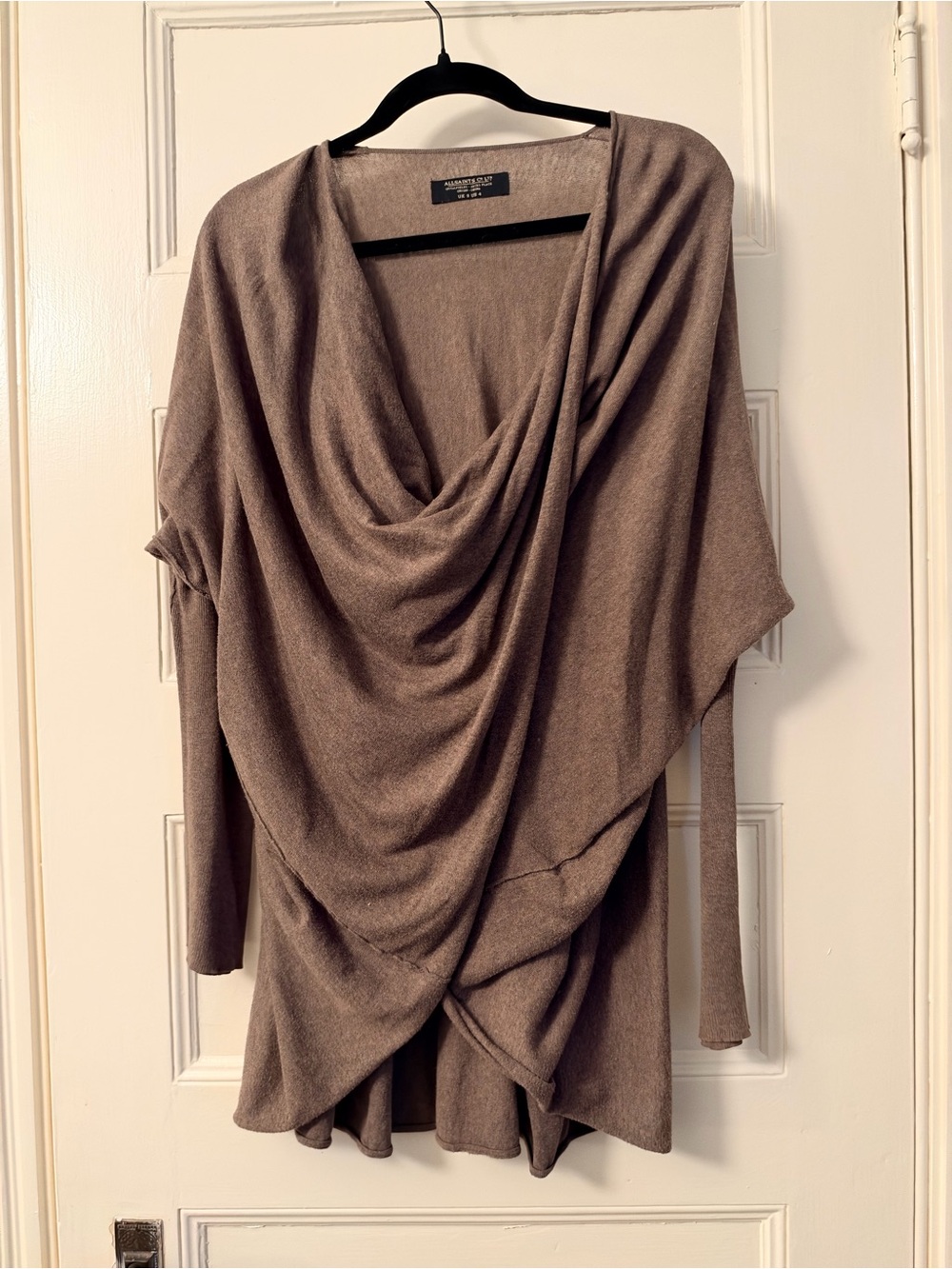 AllSaints Taupe Asymmetrical Draped Knit Sweater